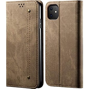 pudini luxury denim leather finish flip cover for apple iphone 11 61 wallet case cards slot with magnetic closer kickstand flip cover 360 protection - khaki