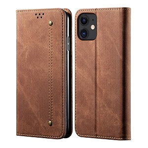 pudini luxury denim leather finish flip cover for apple iphone 12 mini 54 inch wallet case cards slot with magnetic closer kickstand flip cover 360 protection - brown
