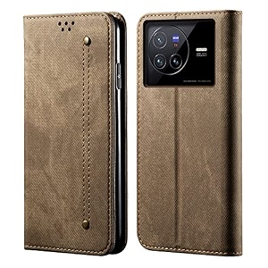 pudini luxury denim leather finish flip cover for vivo x80 wallet case cards slot with magnetic closer kickstand flip cover 360 protection - khaki