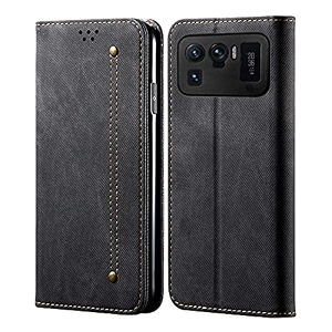 pudini luxury denim leather finish flip cover for xiaomi mi 11 ultra wallet case cards slot with magnetic closer kickstand flip cover 360 protection - black