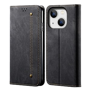 pudini luxury denim leather finish flip cover for apple iphone 14 plus wallet case cards slot with magnetic closer kickstand flip cover 360 protection - black