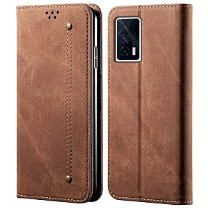 pudini luxury denim leather finish flip cover for iqoo 7 5g wallet case cards slot with magnetic closer kickstand flip cover 360 protection - brown