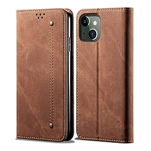 pudini luxury denim leather finish flip cover for apple iphone 13 wallet case cards slot with magnetic closer kickstand flip cover 360 protection - brown