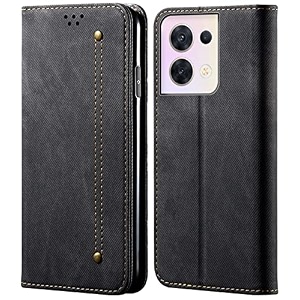 pudini luxury denim leather finish flip cover for oppo reno8  oppo reno 8 wallet case cards slot with magnetic closer kickstand flip cover 360 protection - black