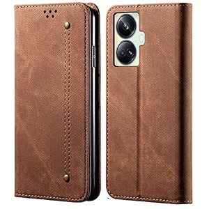 pudini luxury denim leather finish flip cover for realme 10 pro 5g  10 pro plus 5g wallet case cards slot with magnetic closer kickstand flip cover 360 protection - brown