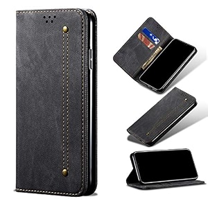 pudini luxury denim leather finish flip cover for poco m3 pro 5g wallet case cards slot with magnetic closer kickstand flip cover 360 protection - black