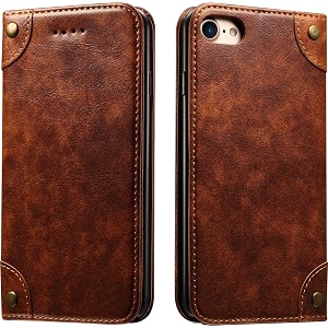 pu leather wallet folio case for apple iphone 7  iphone 8  iphone se 20222020 47 inch flip cover book design pouch with stand amp card slot magnetic push closure - brown