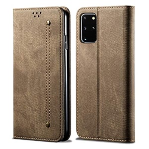 pudini luxury denim leather finish flip cover for samsung galaxy s20  galaxy s20 plus wallet case cards slot with magnetic closer kickstand flip cover 360 protection - khaki