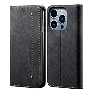 pudini luxury denim leather finish flip cover for apple iphone 14 pro wallet case cards slot with magnetic closer kickstand flip cover 360 protection - black