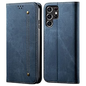 pudini luxury denim leather finish flip cover for samsung galaxy s22 ultra wallet case cards slot with magnetic closer kickstand flip cover 360 protection - blue