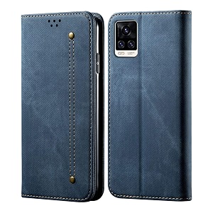 pudini luxury denim leather finish flip cover for vivo v20 pro wallet case cards slot with magnetic closer kickstand flip cover 360 protection - blue