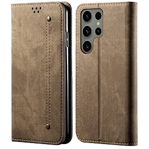 pudini luxury denim leather finish flip cover for samsung galaxy s23 ultra wallet case cards slot with magnetic closer kickstand flip cover 360 protection - khaki