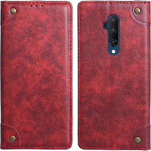 pu leather wallet folio case for oneplus 7t proone plus 7t pro  17t pro flip cover book design pouch with stand amp card slot magnetic push closure - red