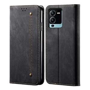 pudini luxury denim leather finish flip cover for vivo v25 pro wallet case cards slot with magnetic closer kickstand flip cover 360 protection - black