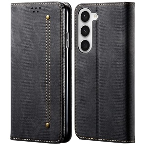 pudini luxury denim leather finish flip cover for samsung galaxy s23 wallet case cards slot with magnetic closer kickstand flip cover 360 protection - black
