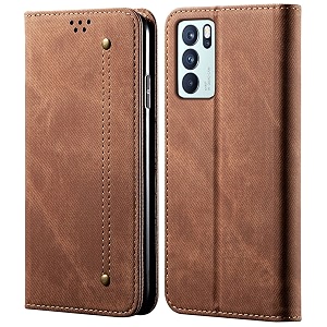 pudini luxury denim leather finish flip cover for oppo reno6 pro 5g  reno 6 pro 5g wallet case cards slot with magnetic closer kickstand flip cover 360 protection - brown