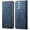PUDINI® Luxury Denim Leather Finish Flip Cover for Samsung Galaxy A52 | Galaxy A52s 5G Wallet Case Cards Slot with Magnetic Closer, Kickstand Flip Cover, 360° Protection - Blue