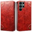 PU Leather Wallet Folio Case for Samsung Galaxy S22 Ultra Flip Cover Book Design Pouch with Stand &amp; Card Slot Magnetic Push Closure - Red
