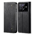 PUDINI® Luxury Denim Leather Finish Flip Cover for Vivo X80 Wallet Case Cards Slot with Magnetic Closer, Kickstand Flip Cover, 360° Protection - Black