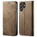 PUDINI® Luxury Denim Leather Finish Flip Cover for Samsung Galaxy S22 Ultra Wallet Case Cards Slot with Magnetic Closer, Kickstand Flip Cover, 360° Protection - Khaki