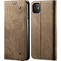 PUDINI® Luxury Denim Leather Finish Flip Cover for Apple iPhone 11 (6.1) Wallet Case Cards Slot with Magnetic Closer, Kickstand Flip Cover, 360° Protection - Khaki
