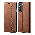 PUDINI® Luxury Denim Leather Finish Flip Cover for Samsung Galaxy S21 FE 5G Wallet Case Cards Slot with Magnetic Closer, Kickstand Flip Cover, 360° Protection - Brown