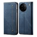 PUDINI® Luxury Denim Leather Finish Flip Cover for Vivo X90 Wallet Case Cards Slot with Magnetic Closer, Kickstand Flip Cover, 360° Protection - Blue
