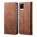 PUDINI® Luxury Denim Leather Finish Flip Cover for Vivo V20 PRO Wallet Case Cards Slot with Magnetic Closer, Kickstand Flip Cover, 360° Protection - Brown