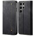 PUDINI® Luxury Denim Leather Finish Flip Cover for Samsung Galaxy S23 Ultra Wallet Case Cards Slot with Magnetic Closer, Kickstand Flip Cover, 360° Protection - Black