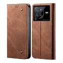 PUDINI® Luxury Denim Leather Finish Flip Cover for Vivo X80 PRO 5G Wallet Case Cards Slot with Magnetic Closer, Kickstand Flip Cover, 360° Protection - Brown