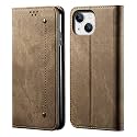 PUDINI® Luxury Denim Leather Finish Flip Cover for Apple iPhone 14 Wallet Case Cards Slot with Magnetic Closer, Kickstand Flip Cover, 360° Protection - Khaki