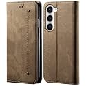 PUDINI® Luxury Denim Leather Finish Flip Cover for Samsung Galaxy S23 Wallet Case Cards Slot with Magnetic Closer, Kickstand Flip Cover, 360° Protection - Khaki
