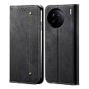 PUDINI® Luxury Denim Leather Finish Flip Cover for Vivo X90 Wallet Case Cards Slot with Magnetic Closer, Kickstand Flip Cover, 360° Protection - Black