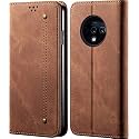 PUDINI® Luxury Denim Leather Finish Flip Cover for OnePlus 7T / One Plus 7T / 1+7T Wallet Case Cards Slot with Magnetic Closer, Kickstand Flip Cover, 360° Protection - Brown