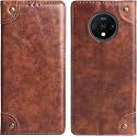 PU Leather Wallet Folio Case for OnePlus 7T / One Plus 7T / 1+7T Flip Cover Book Design Pouch with Stand &amp; Card Slot Magnetic Push Closure - Brown