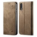 PUDINI® Luxury Denim Leather Finish Flip Cover for Samsung Galaxy A70 / Galaxy A70s Wallet Case Cards Slot with Magnetic Closer, Kickstand Flip Cover, 360° Protection - Khaki
