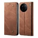 PUDINI® Luxury Denim Leather Finish Flip Cover for Vivo X90 Wallet Case Cards Slot with Magnetic Closer, Kickstand Flip Cover, 360° Protection - Brown