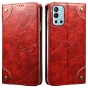 PU Leather Wallet Folio Case for OnePlus 9R 5G Flip Cover Book Design Pouch with Stand &amp; Card Slot Magnetic Push Closure - Red