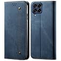 PUDINI® Luxury Denim Leather Finish Flip Cover for Samsung Galaxy M33 5G Wallet Case Cards Slot with Magnetic Closer, Kickstand Flip Cover, 360° Protection - Blue