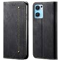PUDINI® Luxury Denim Leather Finish Flip Cover for Oppo Reno7 5G | Reno 7 5G Wallet Case Cards Slot with Magnetic Closer, Kickstand Flip Cover, 360° Protection - Black