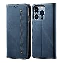PUDINI® Luxury Denim Leather Finish Flip Cover for Apple iPhone 14 PRO Wallet Case Cards Slot with Magnetic Closer, Kickstand Flip Cover, 360° Protection - Blue