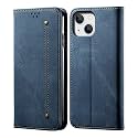 PUDINI® Luxury Denim Leather Finish Flip Cover for Apple iPhone 14 Wallet Case Cards Slot with Magnetic Closer, Kickstand Flip Cover, 360° Protection - Blue