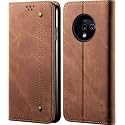 PUDINI® Luxury Denim Leather Finish Flip Cover for OnePlus 7T / One Plus 7T / 1+7T Wallet Case Cards Slot with Magnetic Closer, Kickstand Flip Cover, 360° Protection - Brown