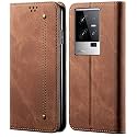 PUDINI® Luxury Denim Leather Finish Flip Cover for iQOO 11 5G Wallet Case Cards Slot with Magnetic Closer, Kickstand Flip Cover, 360° Protection - Brown