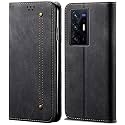 PUDINI® Luxury Denim Leather Finish Flip Cover for Vivo X70 Pro+ | Vivo X70 Pro Plus Wallet Case Cards Slot with Magnetic Closer, Kickstand Flip Cover, 360° Protection - Black