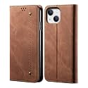 PUDINI® Luxury Denim Leather Finish Flip Cover for Apple iPhone 14 Wallet Case Cards Slot with Magnetic Closer, Kickstand Flip Cover, 360° Protection - Brown