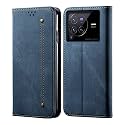 PUDINI® Luxury Denim Leather Finish Flip Cover for Vivo X80 PRO 5G Wallet Case Cards Slot with Magnetic Closer, Kickstand Flip Cover, 360° Protection - Blue