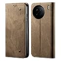 PUDINI® Luxury Denim Leather Finish Flip Cover for Vivo X90 PRO Wallet Case Cards Slot with Magnetic Closer, Kickstand Flip Cover, 360° Protection - Khaki