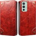 PU Leather Wallet Folio Case for OnePlus 9RT Flip Cover Book Design Pouch with Stand &amp; Card Slot Magnetic Push Closure - Red