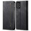 PUDINI® Luxury Denim Leather Finish Flip Cover for Samsung Galaxy A73 5G Wallet Case Cards Slot with Magnetic Closer, Kickstand Flip Cover, 360° Protection - Black
